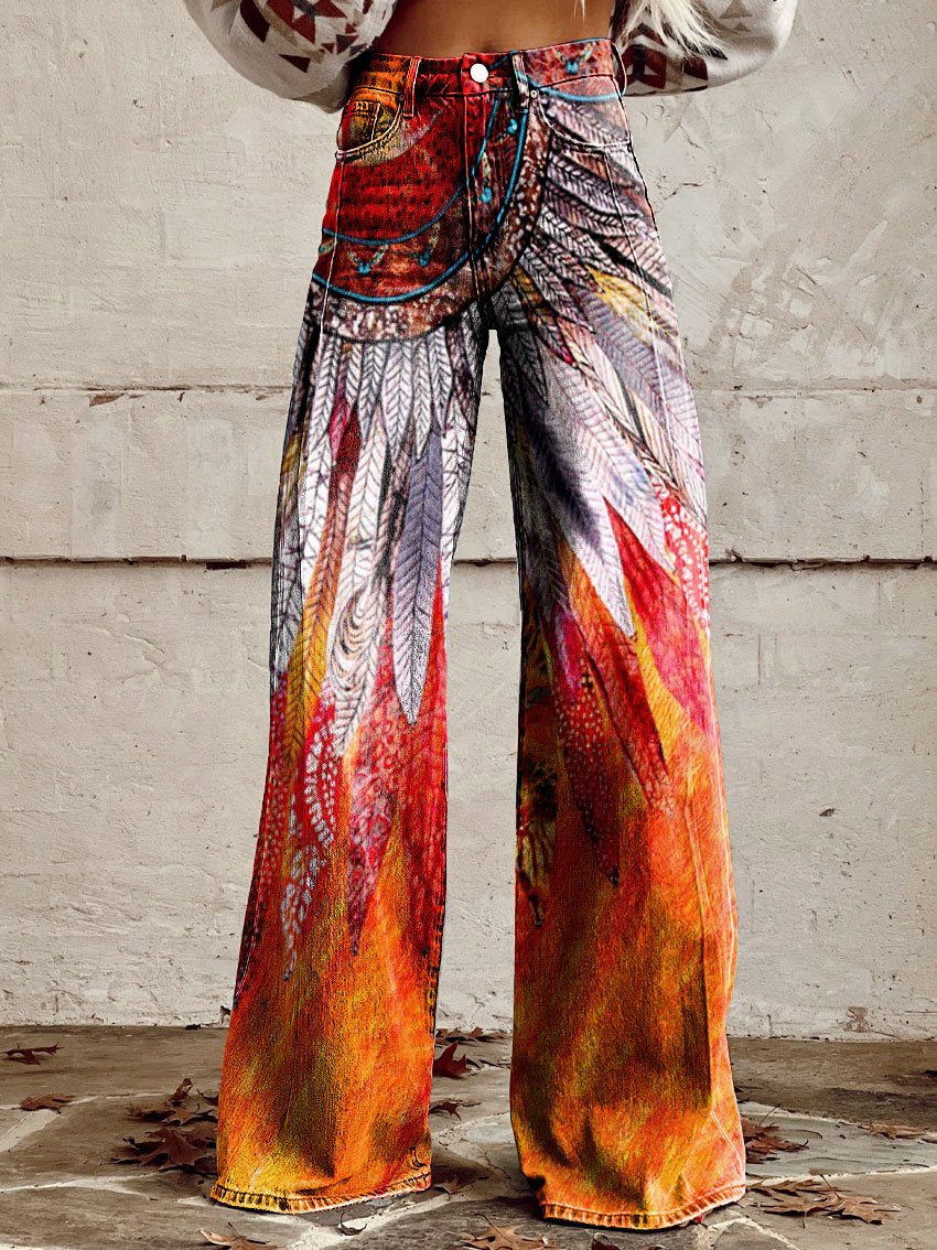 Ophélie - Pantalon large à motif plumes et flammes